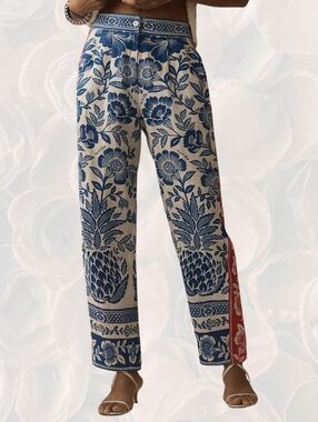 FARM Rio for Anthropologie Blue Floral Pants Red Side Stripe Size S
